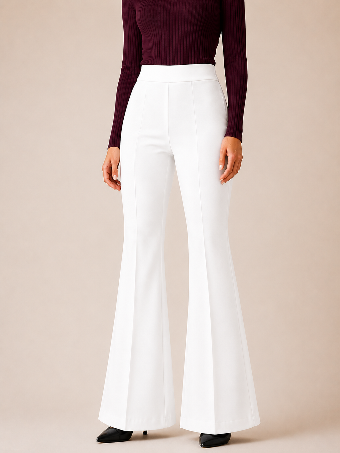 Women's High Waist Flared Bell Bottom Trousers | Stretchable Bootcut Korean Style Office &amp; Casual Pants | White