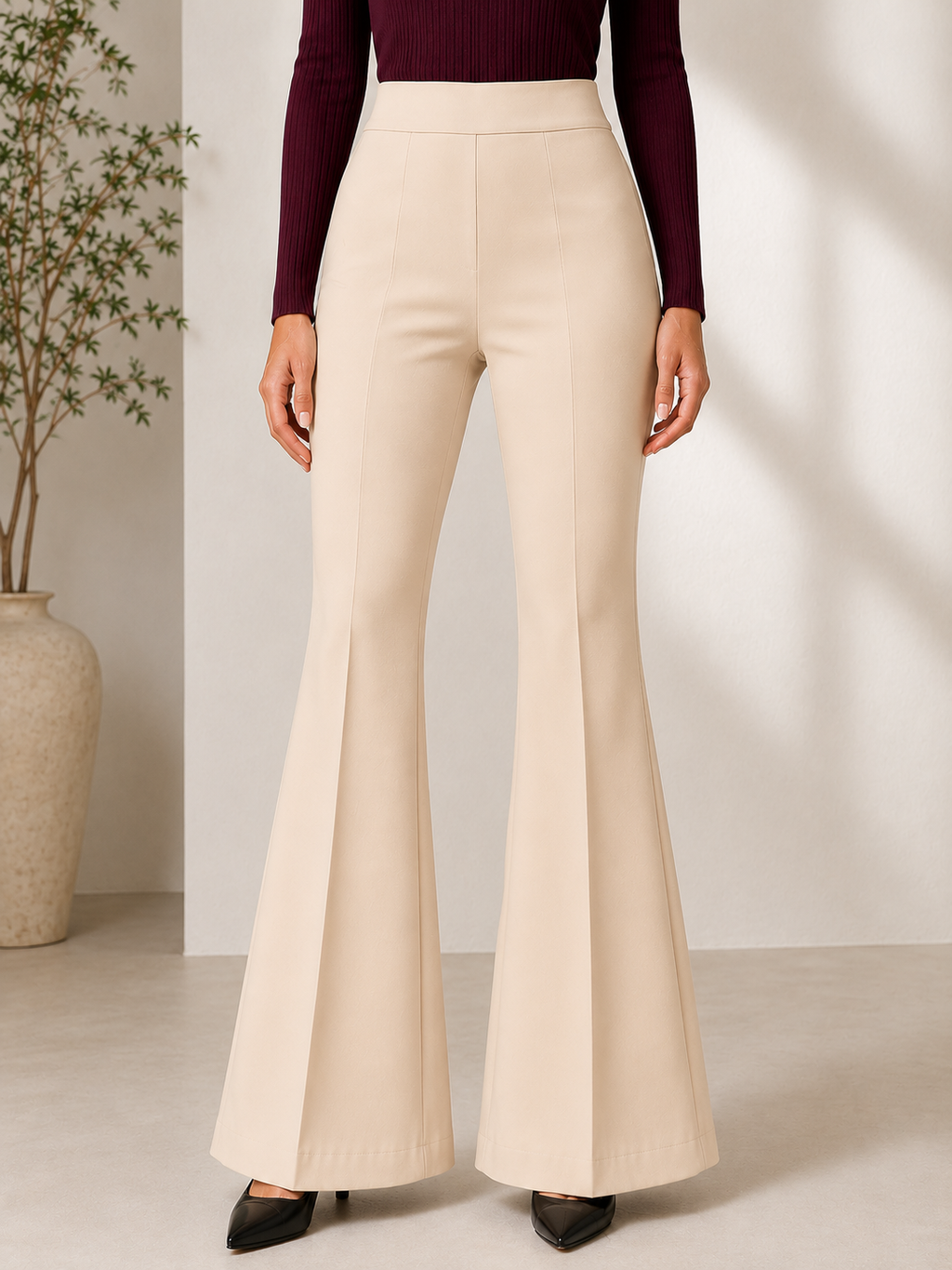 Women's High Waist Flared Bell Bottom Trousers | Stretchable Bootcut Korean Style Office & Casual Pants | Cream Beige
