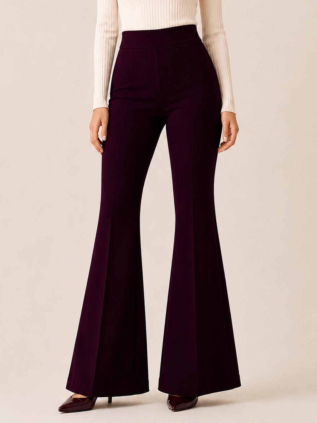 Women's High Waist Flared Bell Bottom Trousers | Stretchable Bootcut Korean Style Office & Casual Pants | Dark Wine
