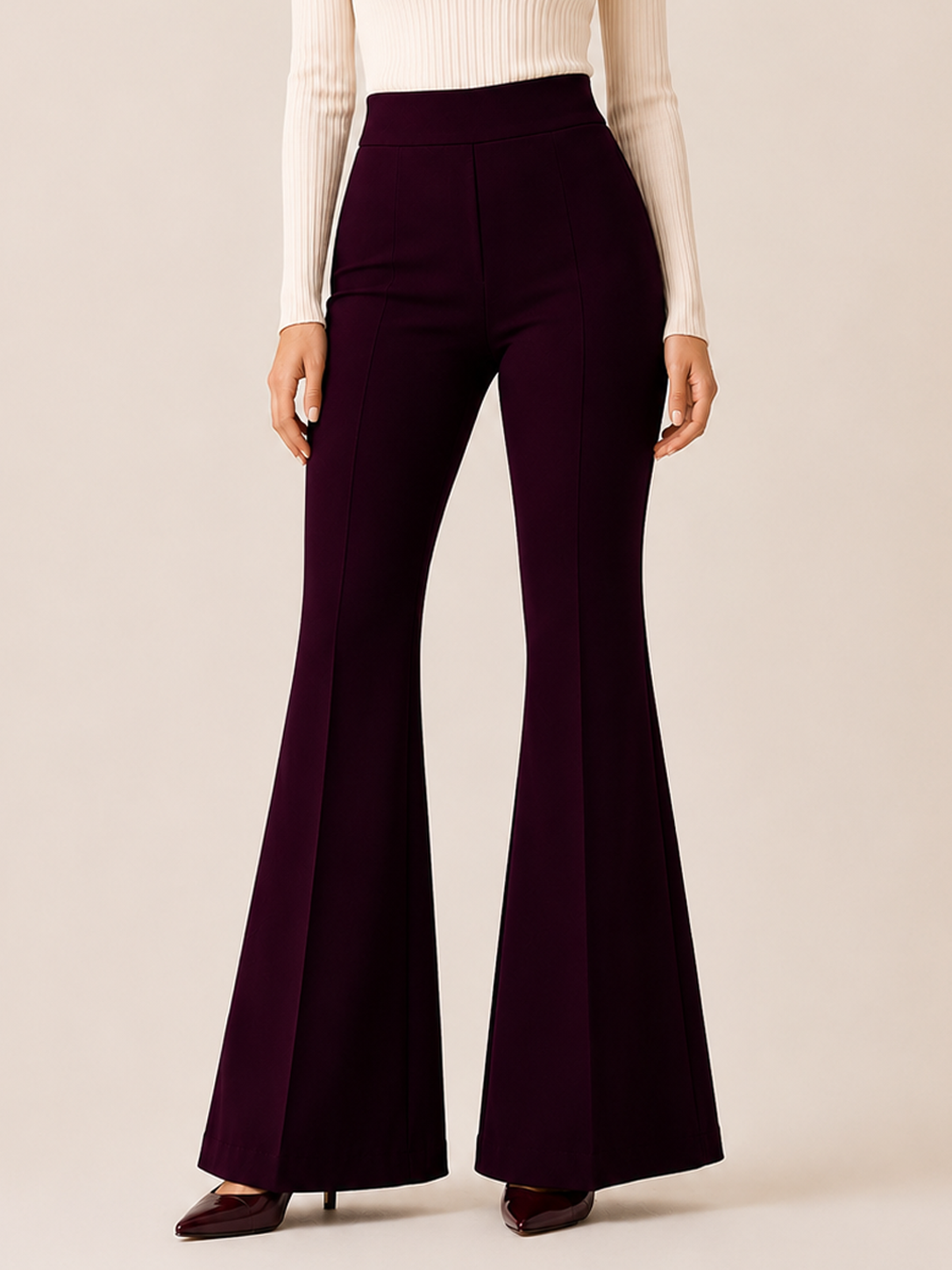 Women's High Waist Flared Bell Bottom Trousers | Stretchable Bootcut Korean Style Office & Casual Pants | Dark Wine