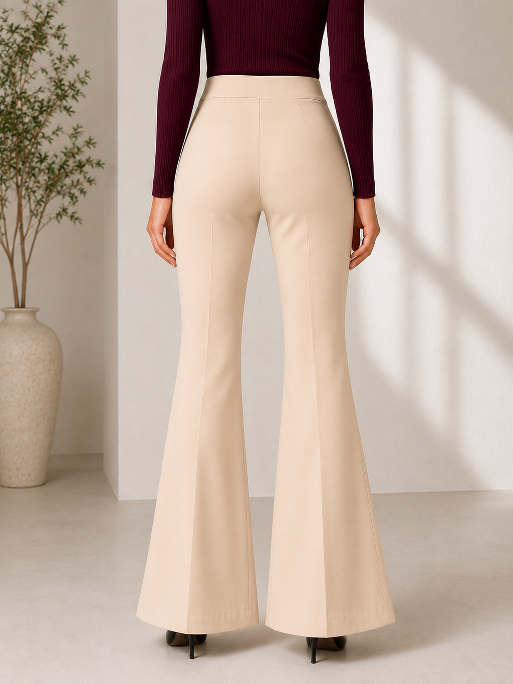 Women's High Waist Flared Bell Bottom Trousers | Stretchable Bootcut Korean Style Office & Casual Pants | Cream Beige