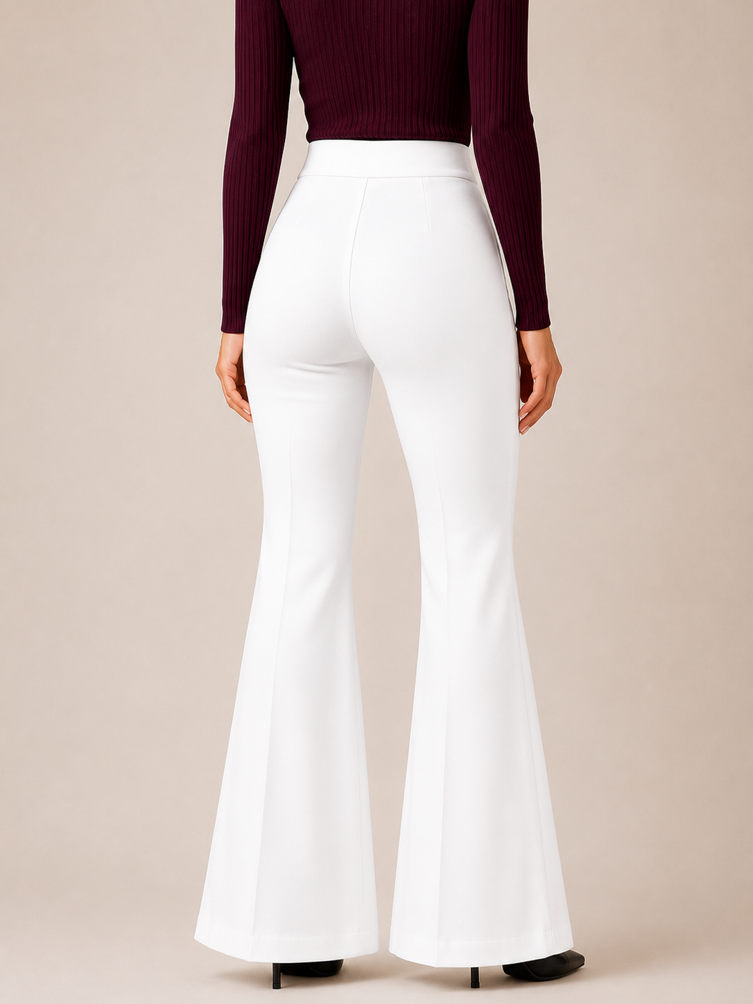 Women's High Waist Flared Bell Bottom Trousers | Stretchable Bootcut Korean Style Office &amp; Casual Pants | White