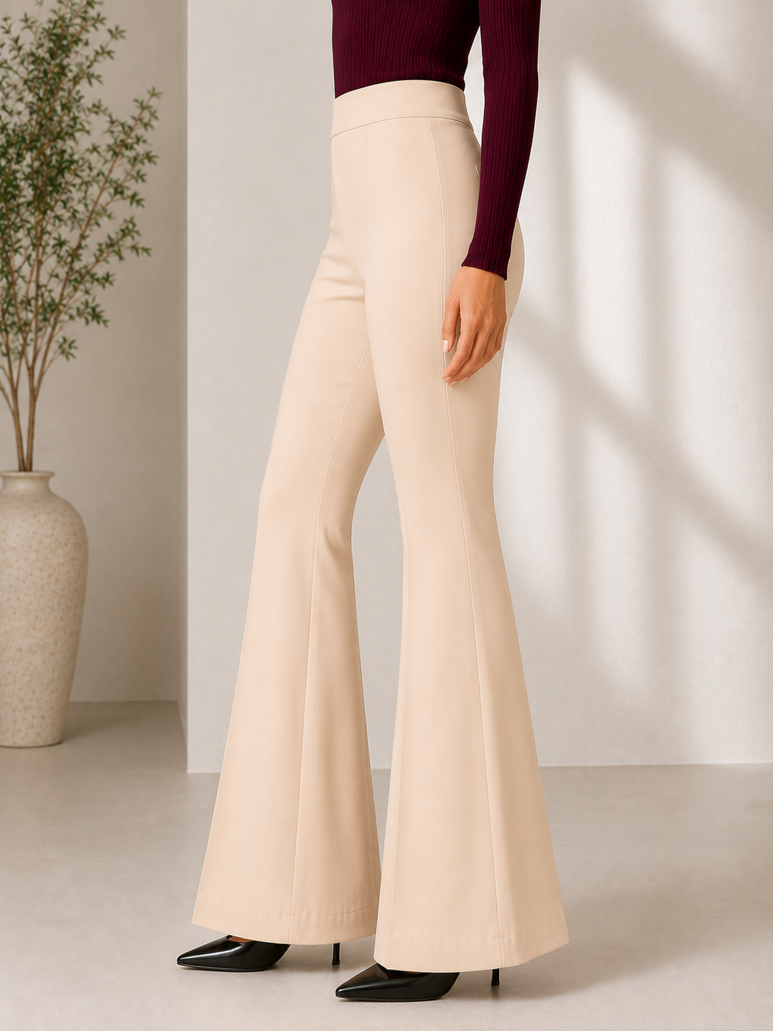 Women's High Waist Flared Bell Bottom Trousers | Stretchable Bootcut Korean Style Office & Casual Pants | Cream Beige