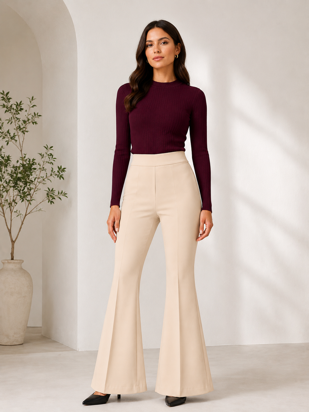 Women's High Waist Flared Bell Bottom Trousers | Stretchable Bootcut Korean Style Office & Casual Pants | Cream Beige