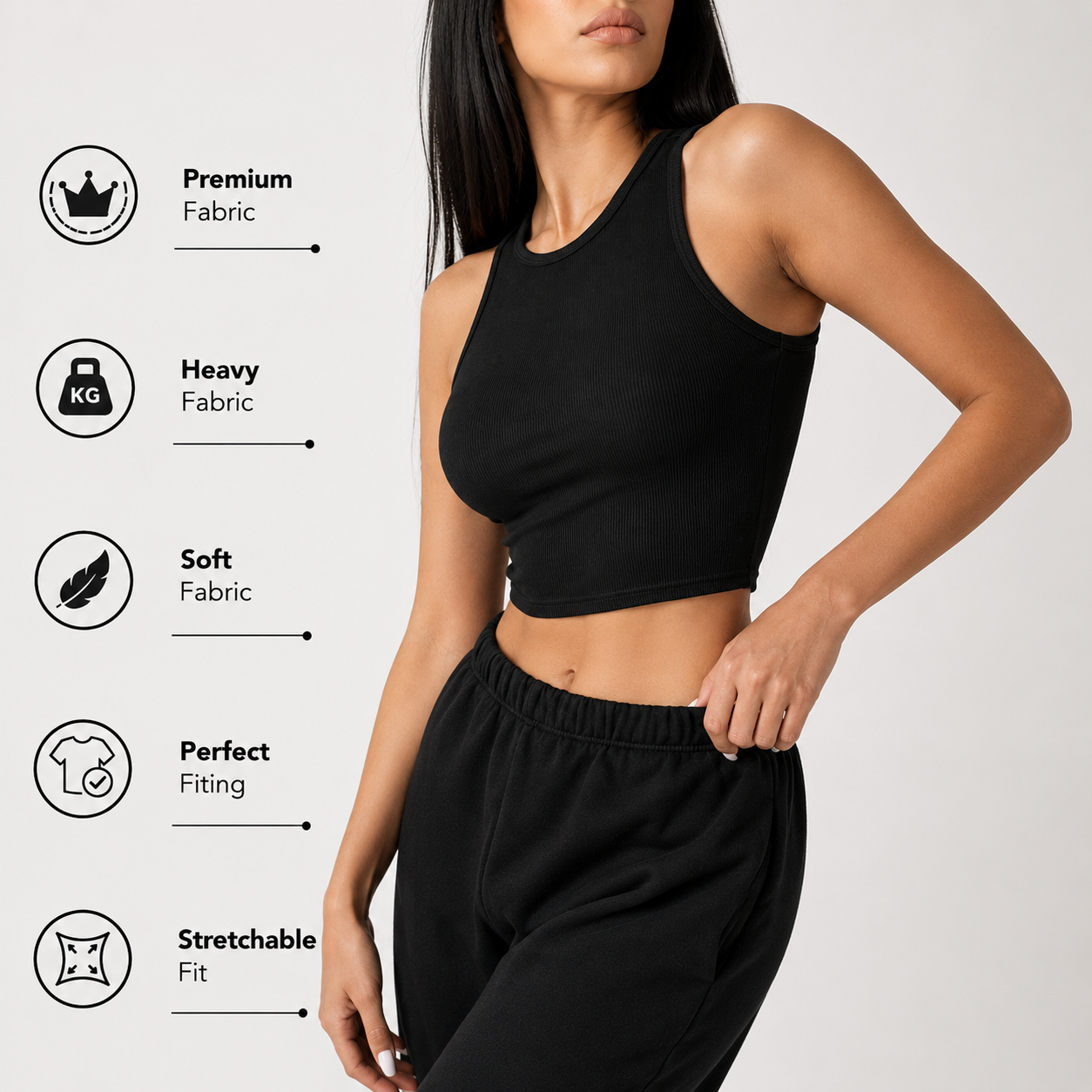 Women's Premium Ribbed Crop Tank Top | Sleeveless Stretchable Body Fit Casual Gym Top | Solid Black