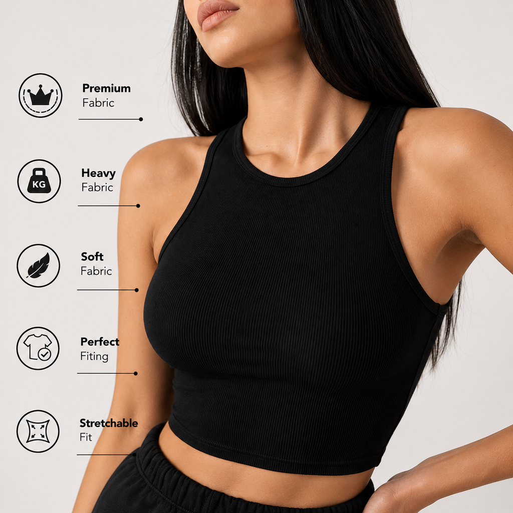 Women's Premium Ribbed Crop Tank Top | Sleeveless Stretchable Body Fit Casual Gym Top | Solid Black